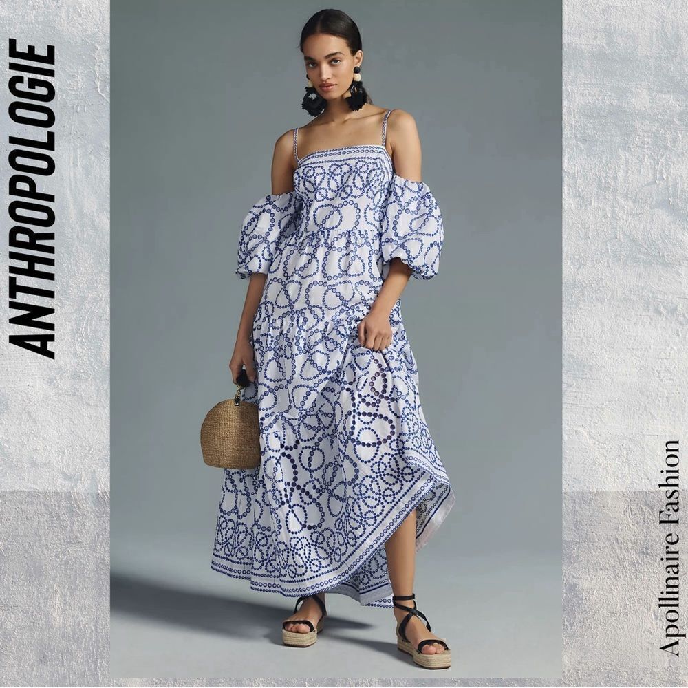ANTHROPOLOGIE PUFF SLEEVES EYELET MAXI DRESS IN BLUE WHITE NWOT - Picture 2 of 10